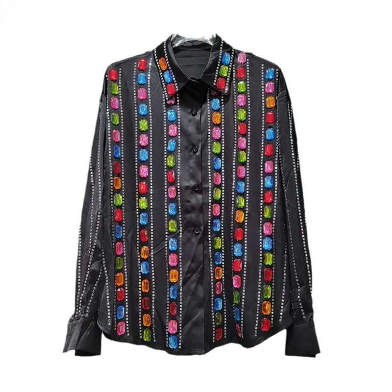 Women's Shirt Loose Single Breasted Striped Rhinestone Handmade Color Dia Blouse Summer 2025 New Fashion 29A1519