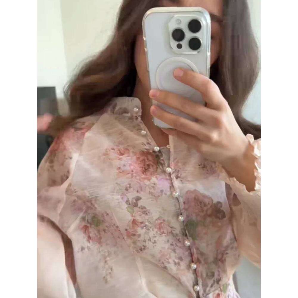 Chiffon Flower Printed Skirt Set Women Elegant Casual Button Shirt High Waist A-Line Long Skirts Suit 2025 Summer Holiday Outfit