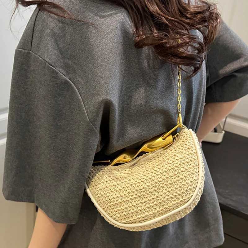2025 Str Woven Bag Chain Gold Handle Str Cluh Purse Large Capacity Stylish Crossbody Bag Solid Color for Summer Beach Y250725