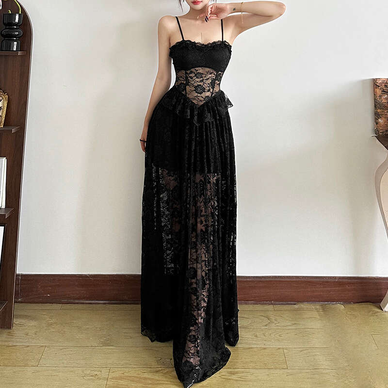 2025 Summer New Sleeveless Slim Lace Trim Waist-Cinching Pure Desire Sexy Fashion Long Dress Women's Clothing a55