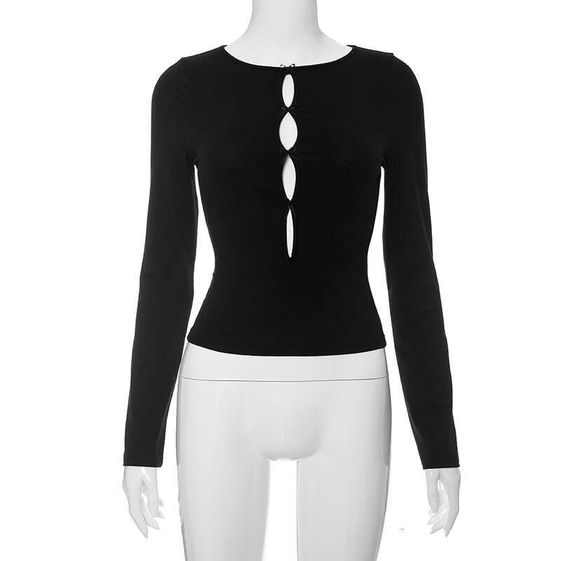 Y23tp564 Women's Autumn New Solid Color Round Neck Long Sleeve Continuous Hollow Bow Top T-Shirt For Women B5