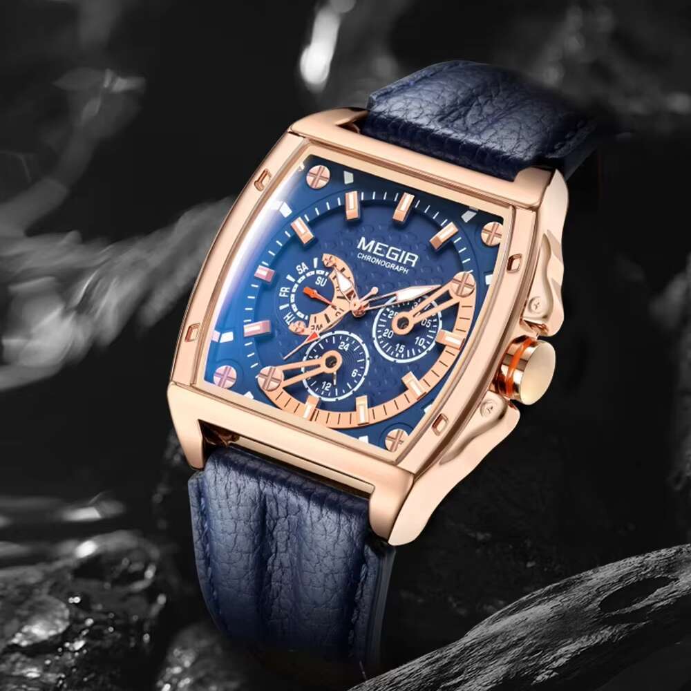 DHwatches MEGIR Men's Tonneau Watch - Chronograph, Luminous, 30M Waterproof, Leather Strap, Sporty Quartz Wristwatch