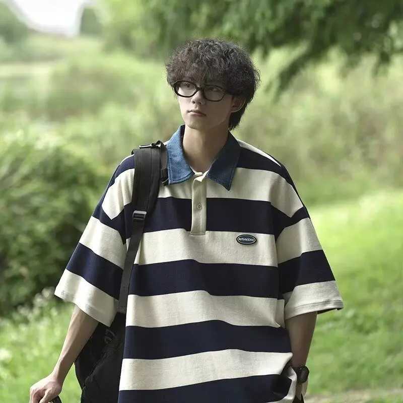 Japanese Retro Striped Color Blocked Short Sleeved Polo Shirt For Mens Y2K Summer Trend Loose And Versatile Polo Shirt Fashion XJ250725