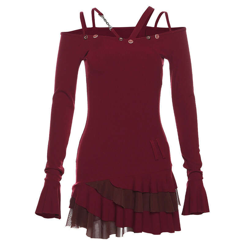 2023 Autumn New Women's Solid Color Slim High Waist Fashion Off-Shoulder Long Sleeve Dress 3a0