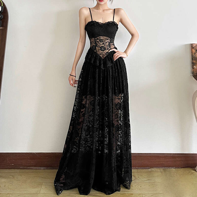 2025 Summer New Sleeveless Slim Lace Trim Waist-Cinching Pure Desire Sexy Fashion Long Dress Women's Clothing a55
