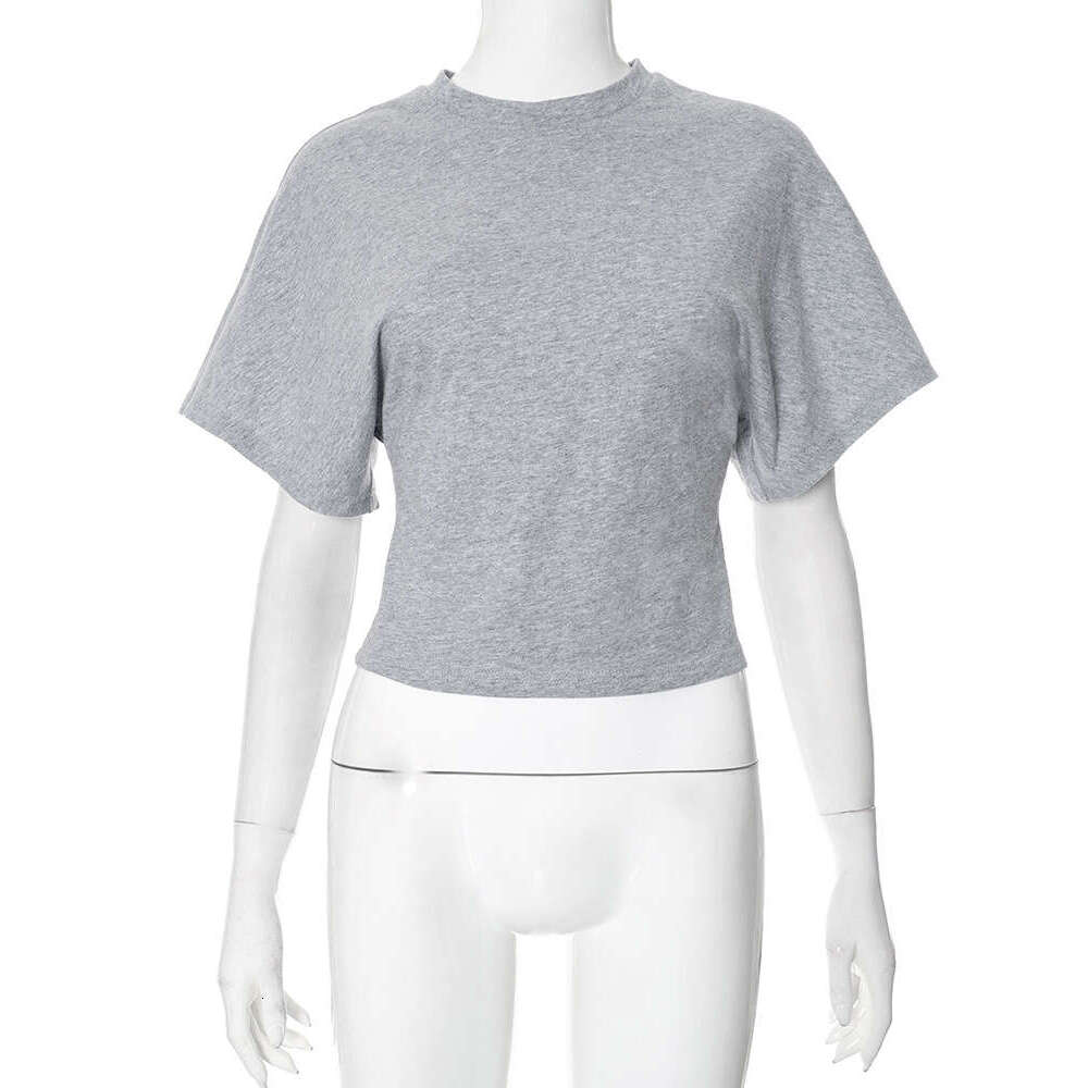 Y25tp031 Women's Spring Summer New Solid Color Cotton Round Neck Pullover Five-Sleeve Loose Waist-Cinching Short Top B5