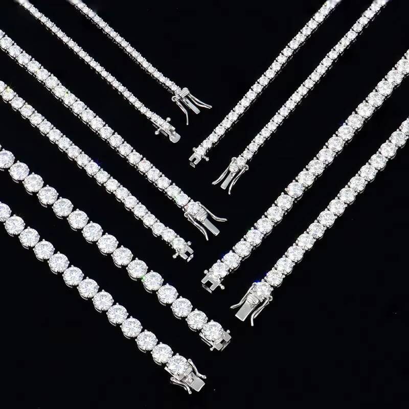 Round Lab Created Moissanite 2mm to 6mm Width Tennis Chain Necklace for Hip Hop Men Women White Gold Plated 925 Sterling Silver