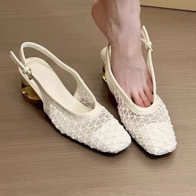 Designer sandals French Style Elegant Square Toe Woven Closed Back Sandals for Women 2025 New Design Sense with Dress Crystal Heel Single Shoes