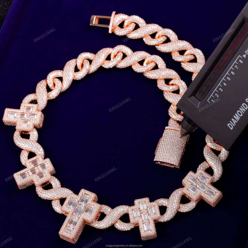 Rapper Style Ice Out 13mm Infinite Cuban VVS Baguette Moissanite Cross Hiphop Necklace S Rose Gold Plated Dia Chain