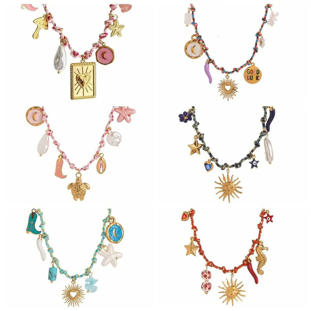 Fashion Copper DIY Knotting Rope Chain Colorful Pearl Accent Turtle Pendant Necklace Dopamine Style Beach Summer 250716