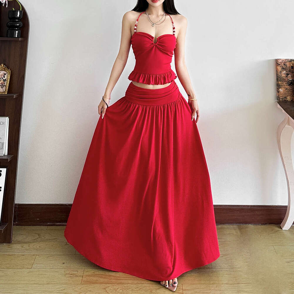 2025 Summer New Beach Vacation Solid Color Waist-Cinching Elegant French Halter Neck Crop Top Slim Fit Set eff