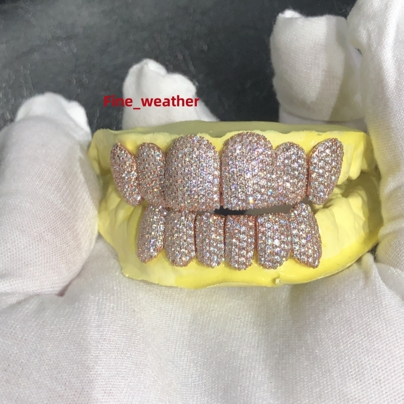 Fashion Hip Hop Jewelry Moissanite Grills Custom Rose Gold Plated 925 Silver Iced Out VVS Moissanite Diamond Teeth Grillz