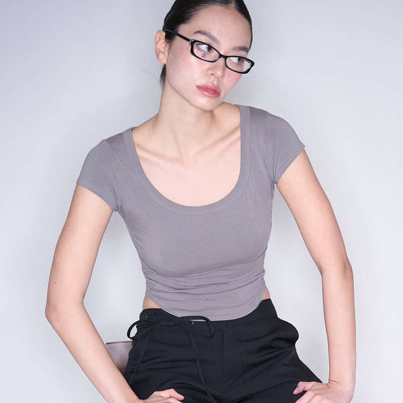 Y24tp293 Women's Summer New Solid Color Round Neck Sexy Slim Fit Ruched Short Sleeve Top B5