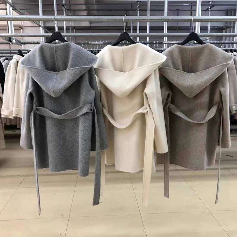 Designer Clothing Hooded Medium-Length Double Sided 100%Wool Coat Women Korean Fashion Loose Winter Jacket 2024 Fashion