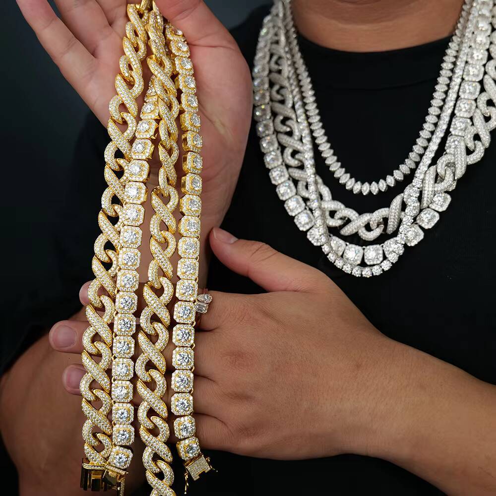 Big Size 4 Styles Iced Out HipHop Jewelry Square Marquise Clustered Moissanite Diamond Tennis Chain Bracelet Necklace Cuban Link