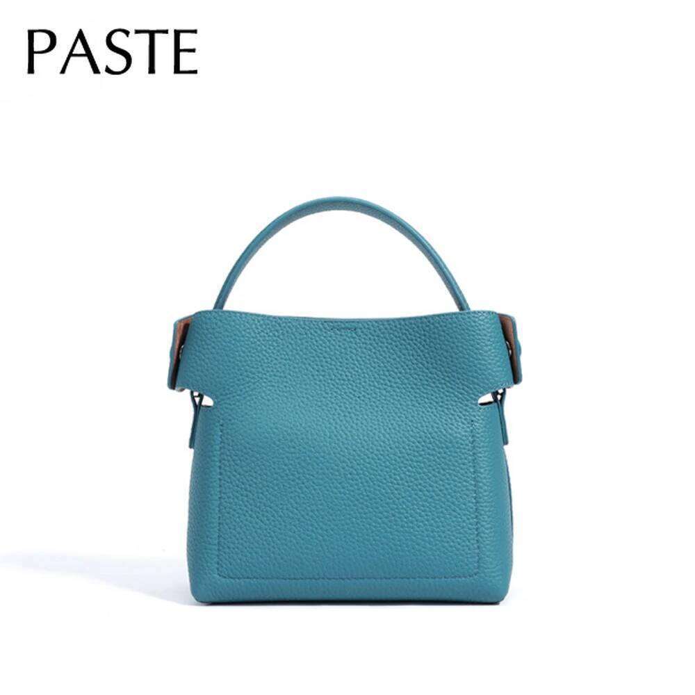 New Summer Blue Color High-end Small Bucket Tote Buckle Close Design Genuine Cow Leather Women Shoulder Bag Handbag