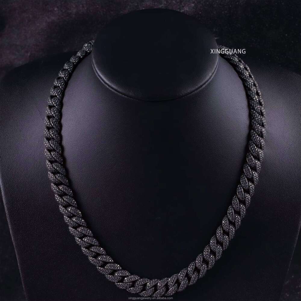 Pass Dia Tester 13mm Gold Plated Hip Hop Cuban Link Sier Full Iced Out Black Moissanite Chains Necklace