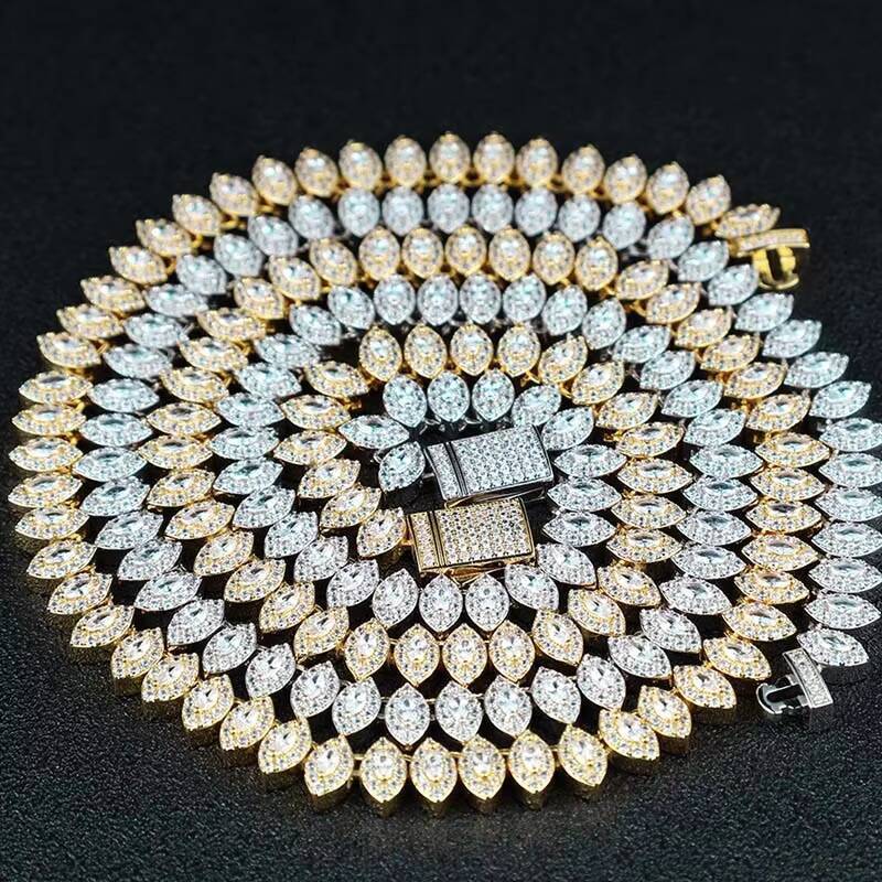 Wholesale Hip Hop Marquise Tennis Chain 8mm Gold Plated Iced Out Clustered Oval Tennis Bracelet Necklace Jewelry for Woman Men