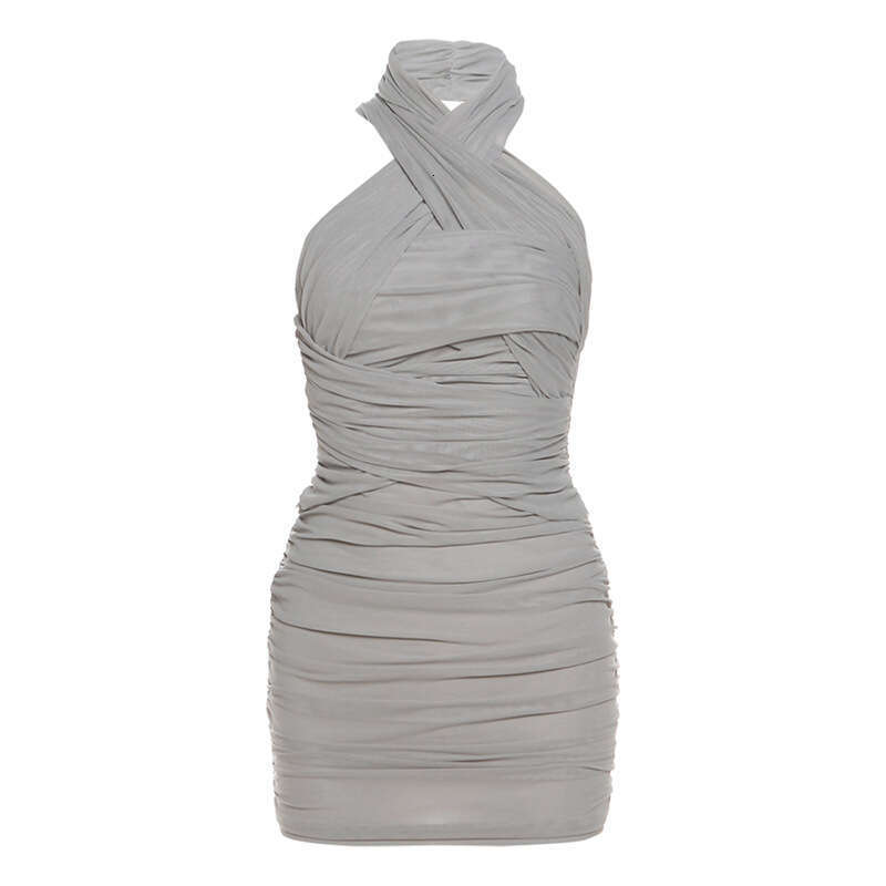 2023 Autumn Winter New Women's Solid Color Slim High Waist Fashion Halter Neck Ruched Backless Dress ed6