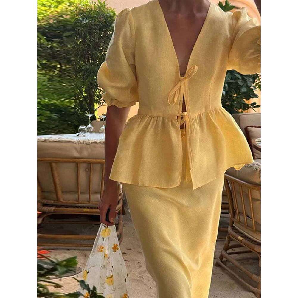 Designer Clothing 2025 Lace Up Short Sleeved Women Two Pieces Set V-Neck Summer Women's Bubble Sleeve Shirt Long Skirt Loose Casual Outfit