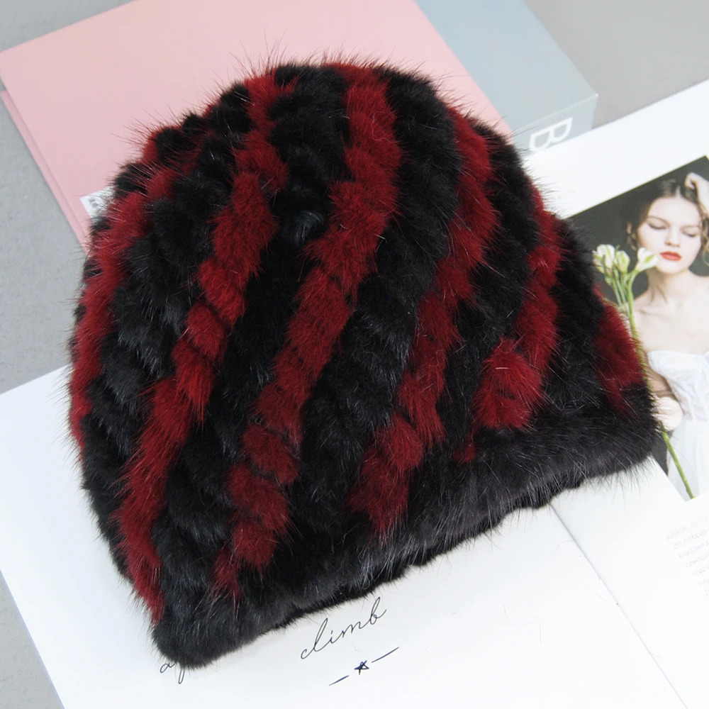 Winter Womens Mink Fur Hats Natural Fur Knitted Cap Fashionable Fluffy Ladies Genuine Fur Beanie Female Black Fur Caps 250724