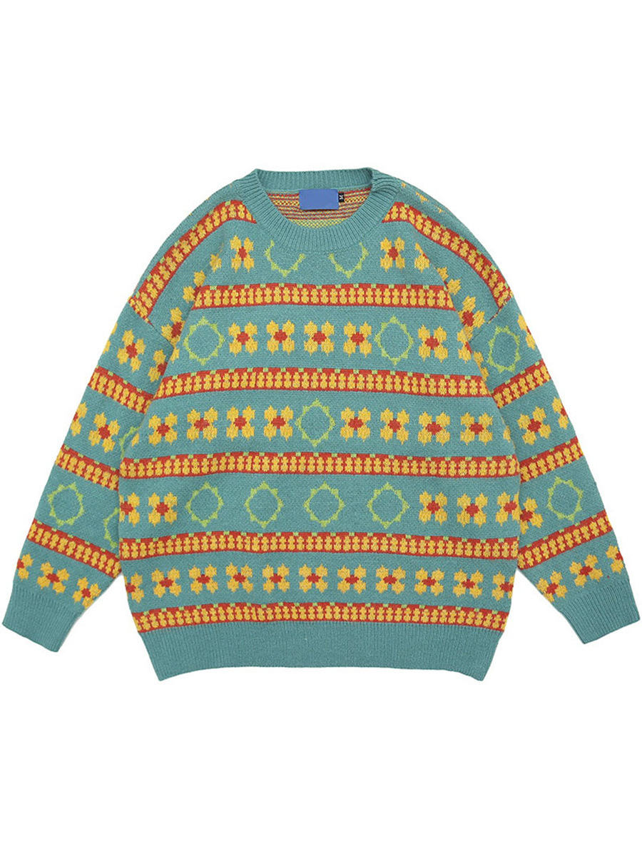 Autumn Winter Japanese Pullover Striped Floral Pattern Long Sleeved Knitted BF Loose Lazy Style Couple Sweater Jacket