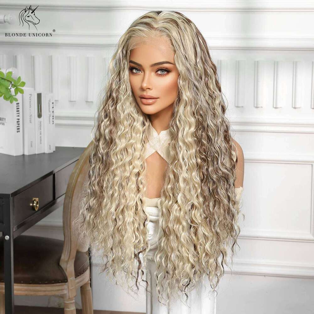 BLONDE UNICORN Women Curly Wave Lace Front Ombre Dark to Blonde Hair Wig Party Cosplay Heat Resistant Daily Natural
