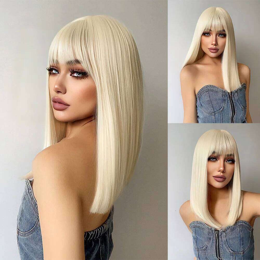 18Inch Platinum Blonde Synthetic Wigs With Bang Long Natural Straight Human Hair Wig For Women Daily Use Cosplay Party Heat Resistant
