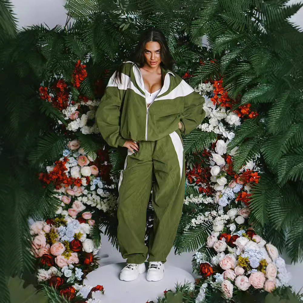 Loose Casual Womens Fashion Color-Block Long Sleeve Sports Cardigan and Pants Two-Piece Set Womens Pants Suit