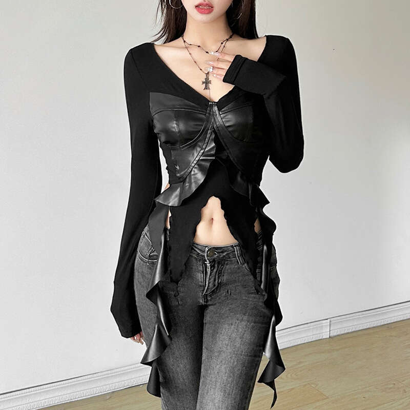 2024 Autumn New Women's Solid Color Slim Fit Crop Street Fashion V-neck Long Sleeve Top 323