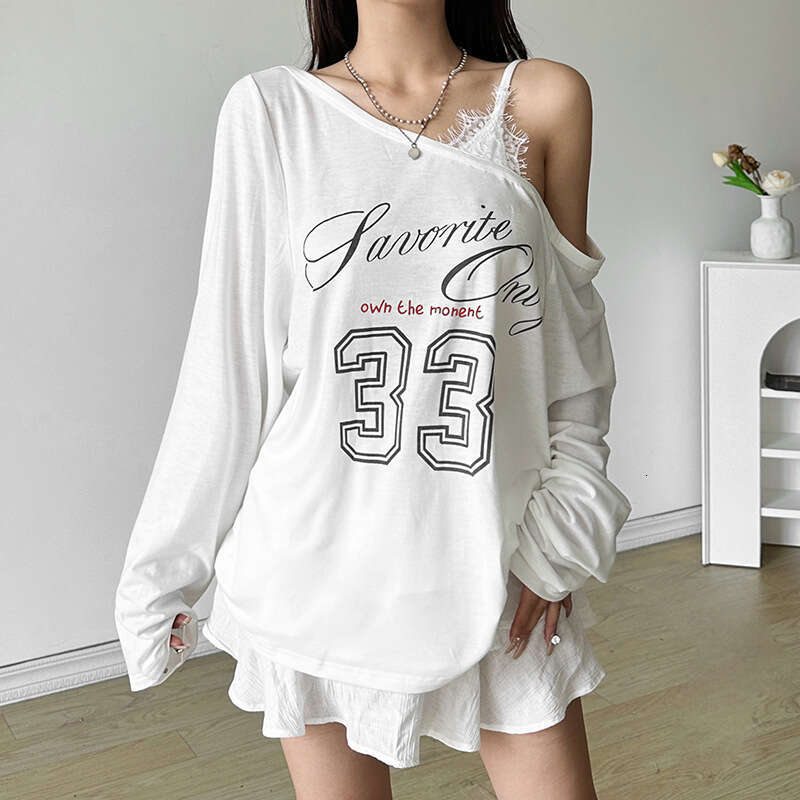 2024 Autumn New Women's Solid Color Loose Street Style Fashion Asymmetrical Neck Printed Long Sleeve Top 11f