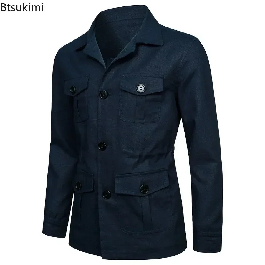 2025 British Style Mens Linen Safari Jackets Fashion Vintage Multi Pockets Cargo Jacket Streetwear Gentry Casual Outerwear Male 250717