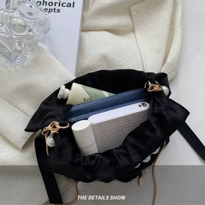 Brand Shoulder Bags For Women High Quality Luxury Ladies Handbag Black Bead Pearl Imitation Silk Fem Bucket Crossbody Bag Y250725