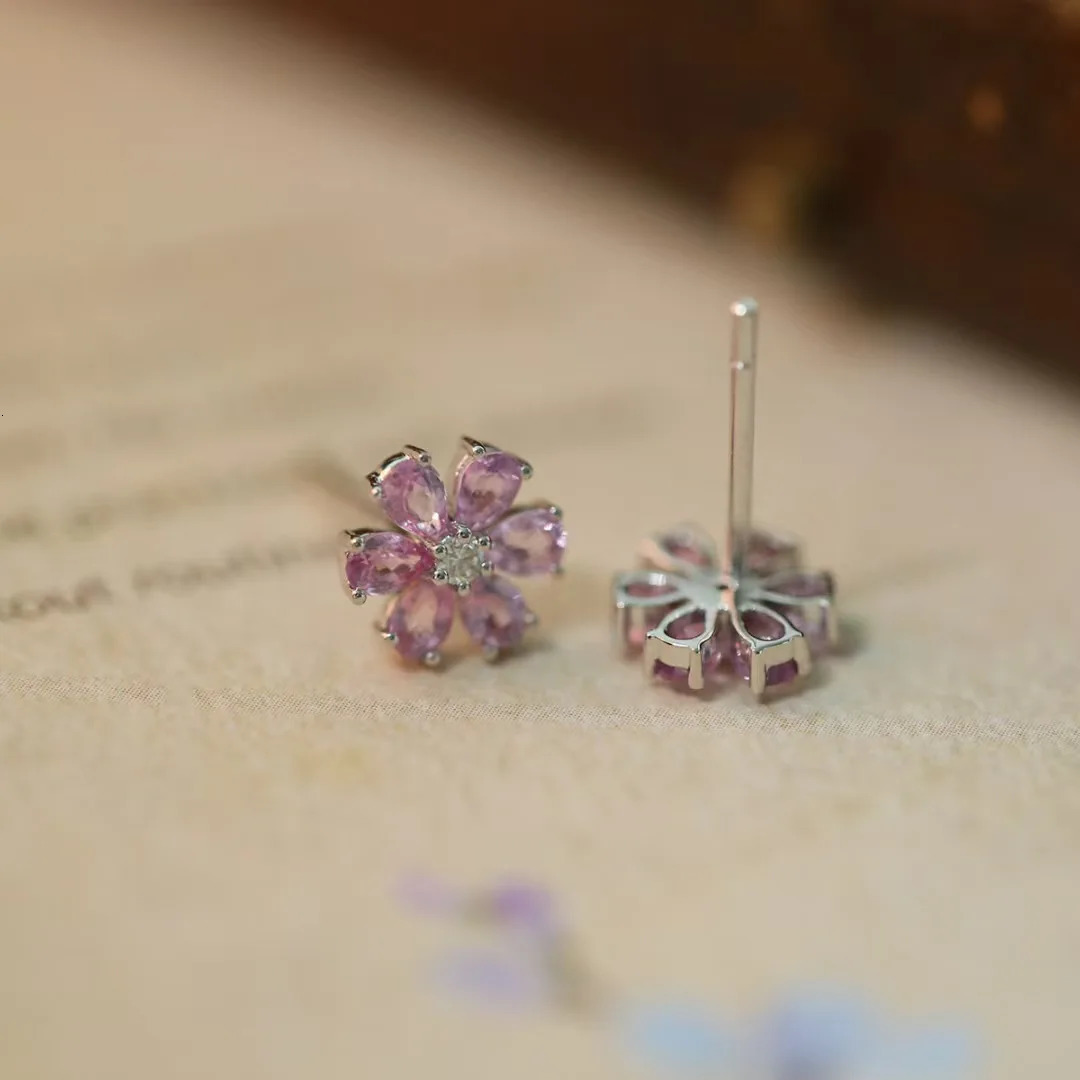 925 Silver Pink Tourmaline Flower Ear Stud Cherry Earrings Ins Sparkling Pink Crystal Ear Cuff For Gifts -selling s 250722