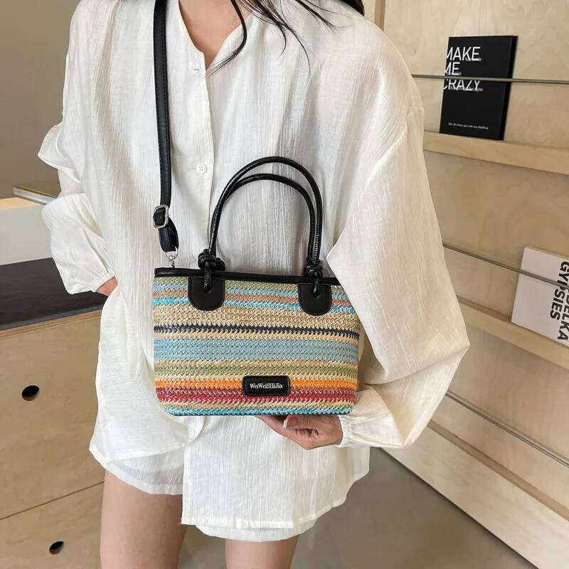 Women's Rainbow Color Summer Beach Straw Woven Top Handle Shoulder Crossbody Designer Bag