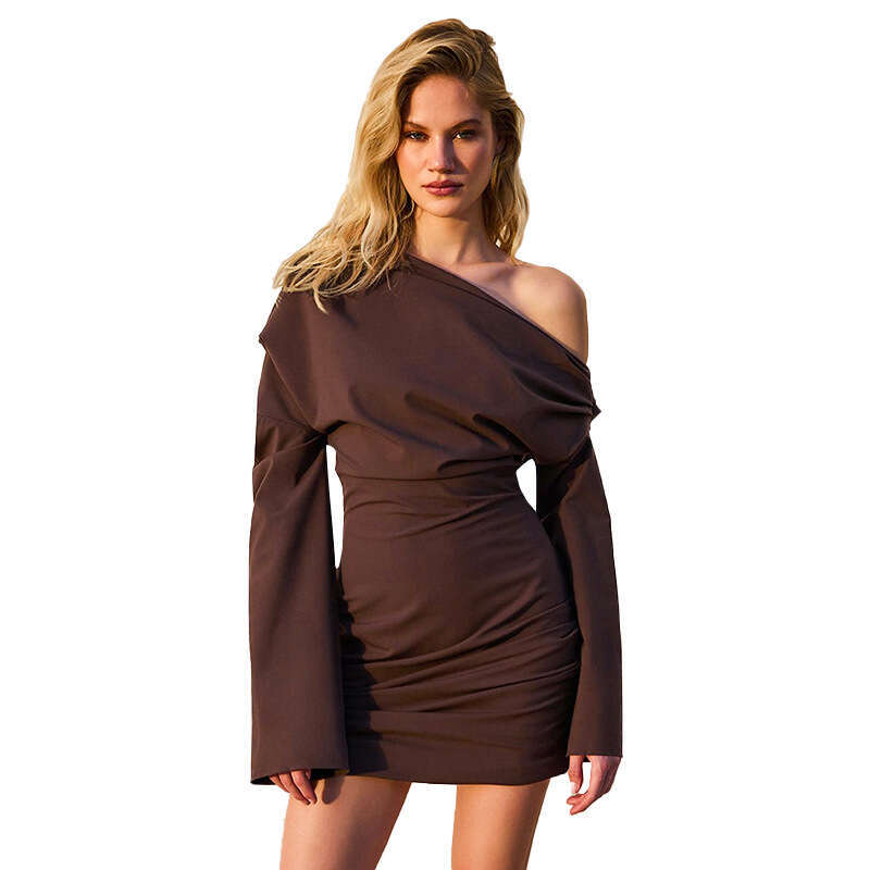 /7 Women's Fashion Autumn New Solid Color Off-Shoulder Asymmetrical Neck Sexy High-Waisted Short Dress For Women B5
