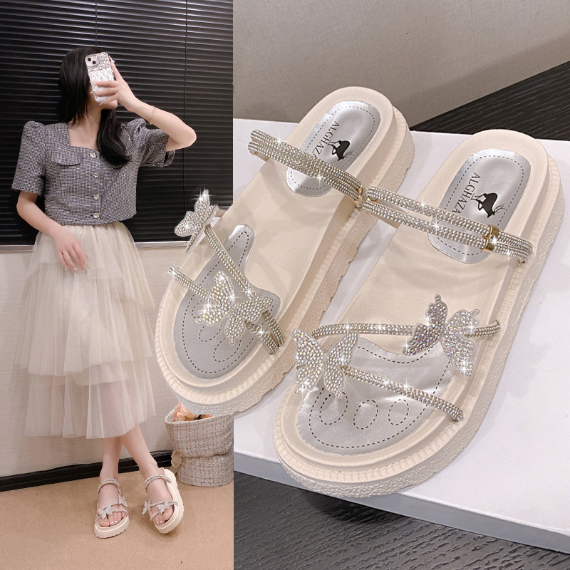 Ddmysports Fairy Style Beach Two Way Sandals French For Women Summer Outdoor New Butterfly Rhinestone Decorated One Strap Slippers Outdoor Shoes