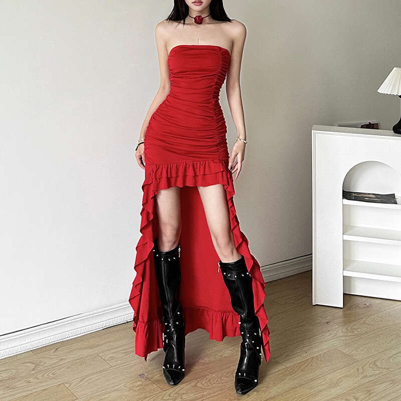 2023 Autumn Winter New Fashion Sexy Strapless Bodycon Irregular Dress for Women 1b0