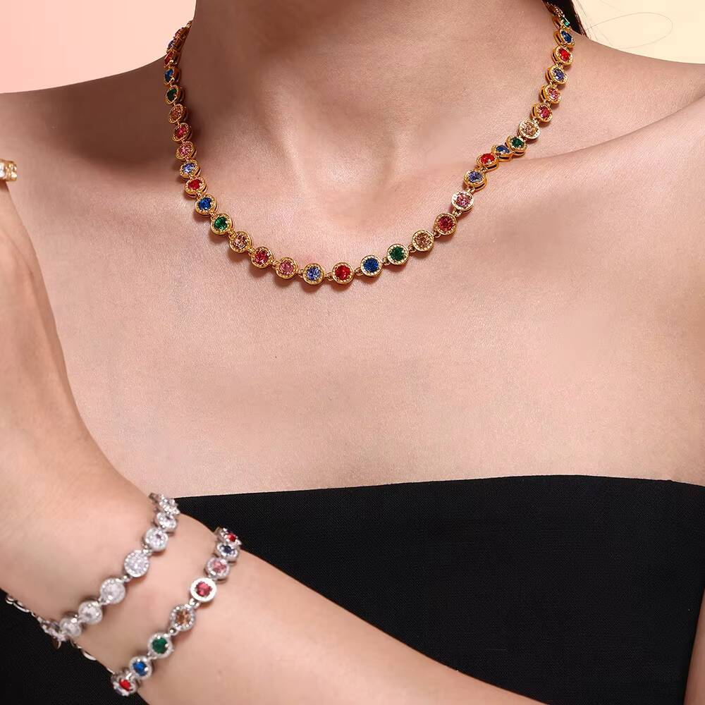 Stylish Jewelry Stainless Steel Bling Round Shape Cubic Zircon Tennis Chain Necklace PVD Plated Colorful Gemstone Necklace