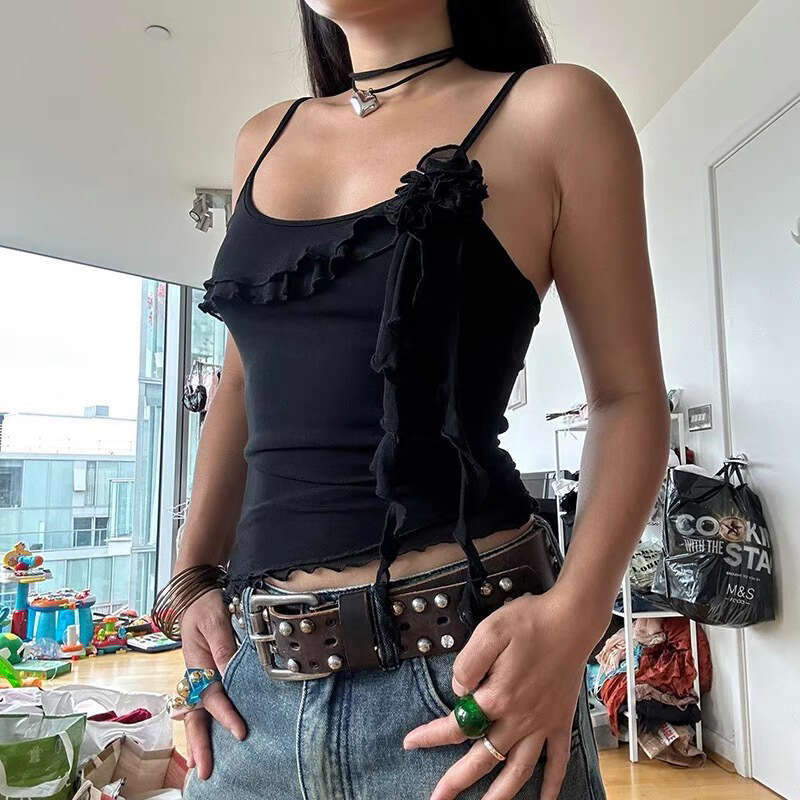 2024 Spring New Women's Solid Color Slim Street Fashion Strap Ruffled Backless Vest 143