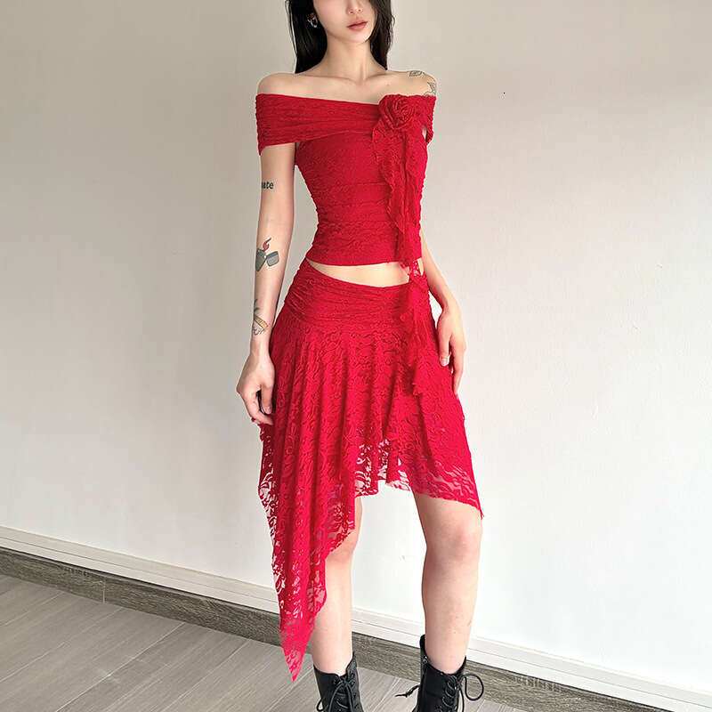 2025 Summer New Hot Girl Lace Off-Shoulder Top with Irregular Ribbon Half Skirt for Women 146