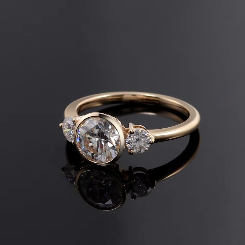 Three Stone Style Forged Fine Diamond Cut Vintage Womens Rings 0.5-2carat Round Bezel Lab Diamond Engagement Ring 14k Yellow Gold Fashion Jewe