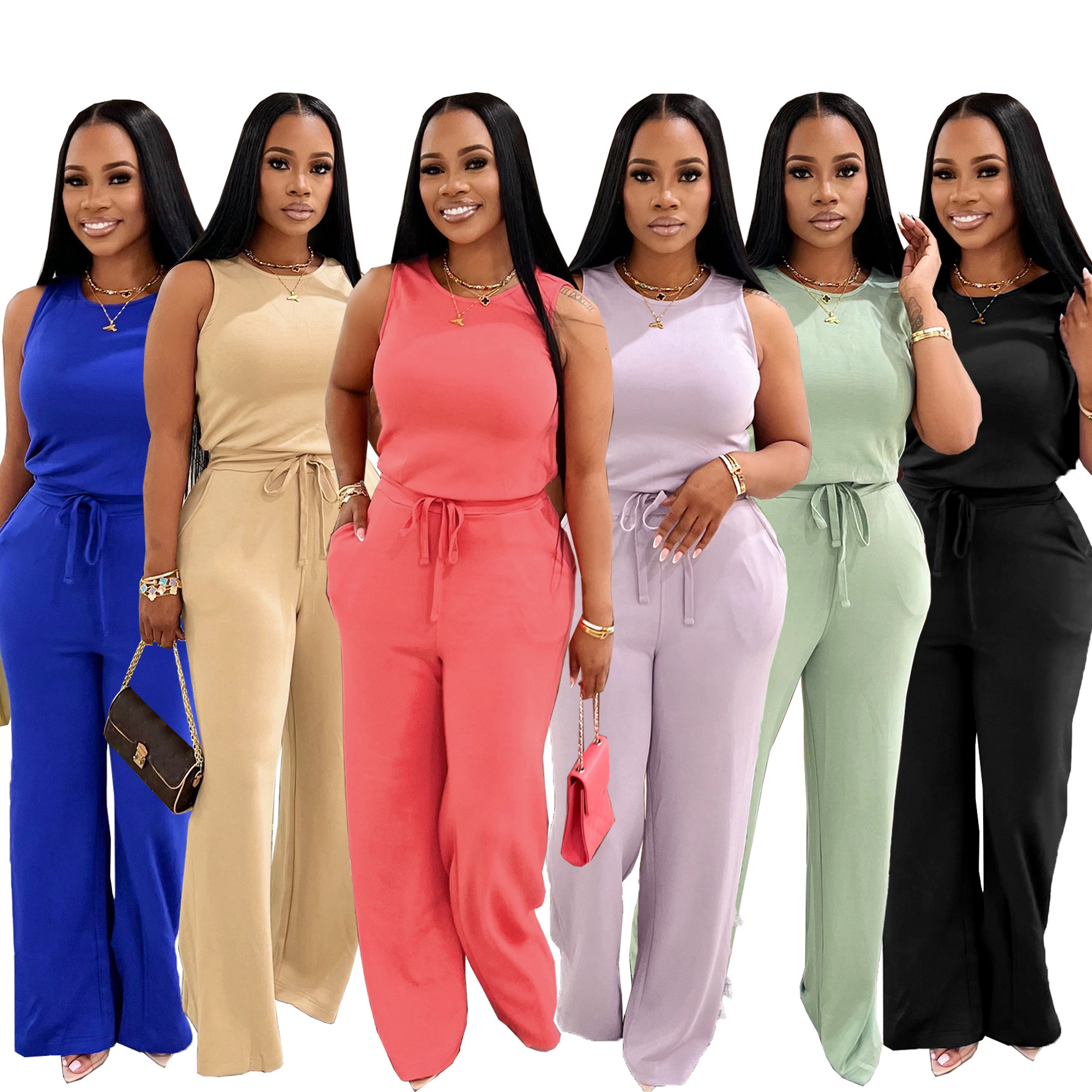 TW728 Summer New Versatile Fashion Slimming Casual Womens Sleeveless Tie Solid Color Commuter Jumpsuit