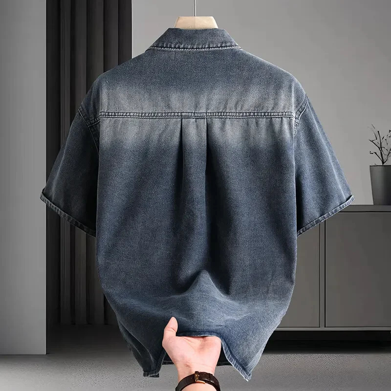 Trendy Mens Solid Denim Shirt Soft Breathable Collar MultiPocket ShortSleeve Casual Comfortable Versatile Top 250725