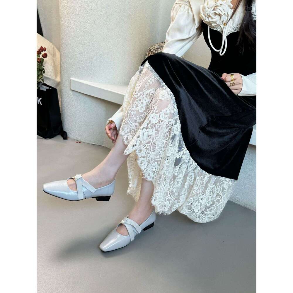 Square Toe Single Women, Chunky Heel, Comfortable French Style High Heels, Elegant Pearl Cross Strap Shoes for Women