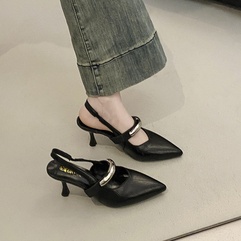 Ddmysports French Style Pointed Stiletto Heels With Silver Buckle For Women Spring Summer New Fashion Closed Toe Backless Sandals Outdoor Shoes