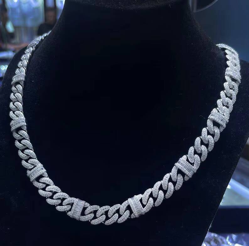 High Quality Iced Out Cuban Link Chain with Baguette Round Cut Moissanite Diamonds Hip Hop Moissanite Chain for Men And Women