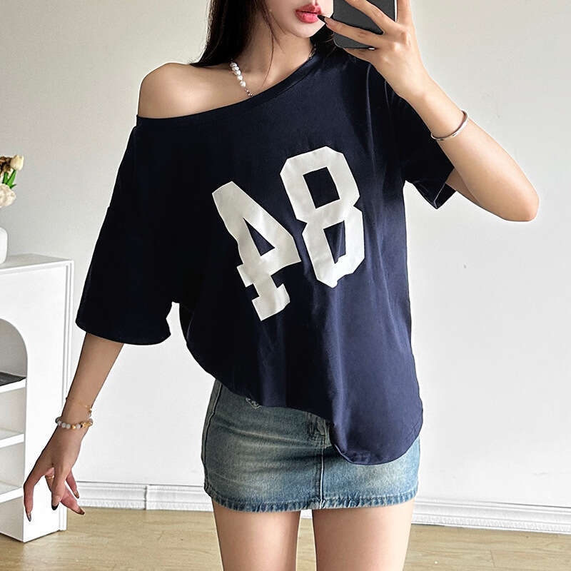 2024 Summer New Women's Street Fashion Letter Print Asymmetrical Neck Loose T-Shirt 16d