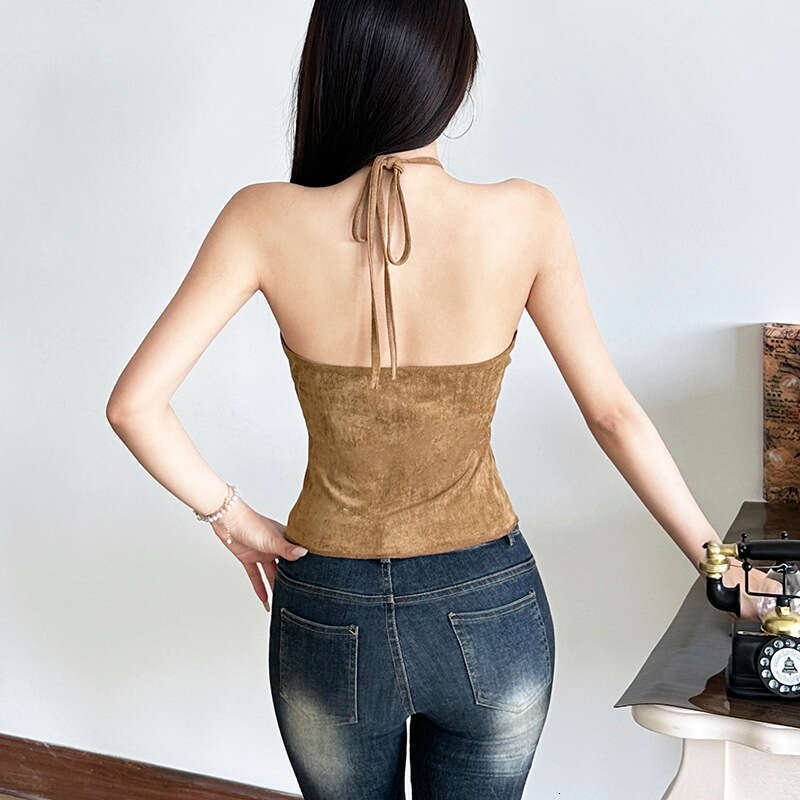 2025 Summer New Solid Color Sexy Halter Neck Single-Breasted Slim Fit Crop Top for Women c8b