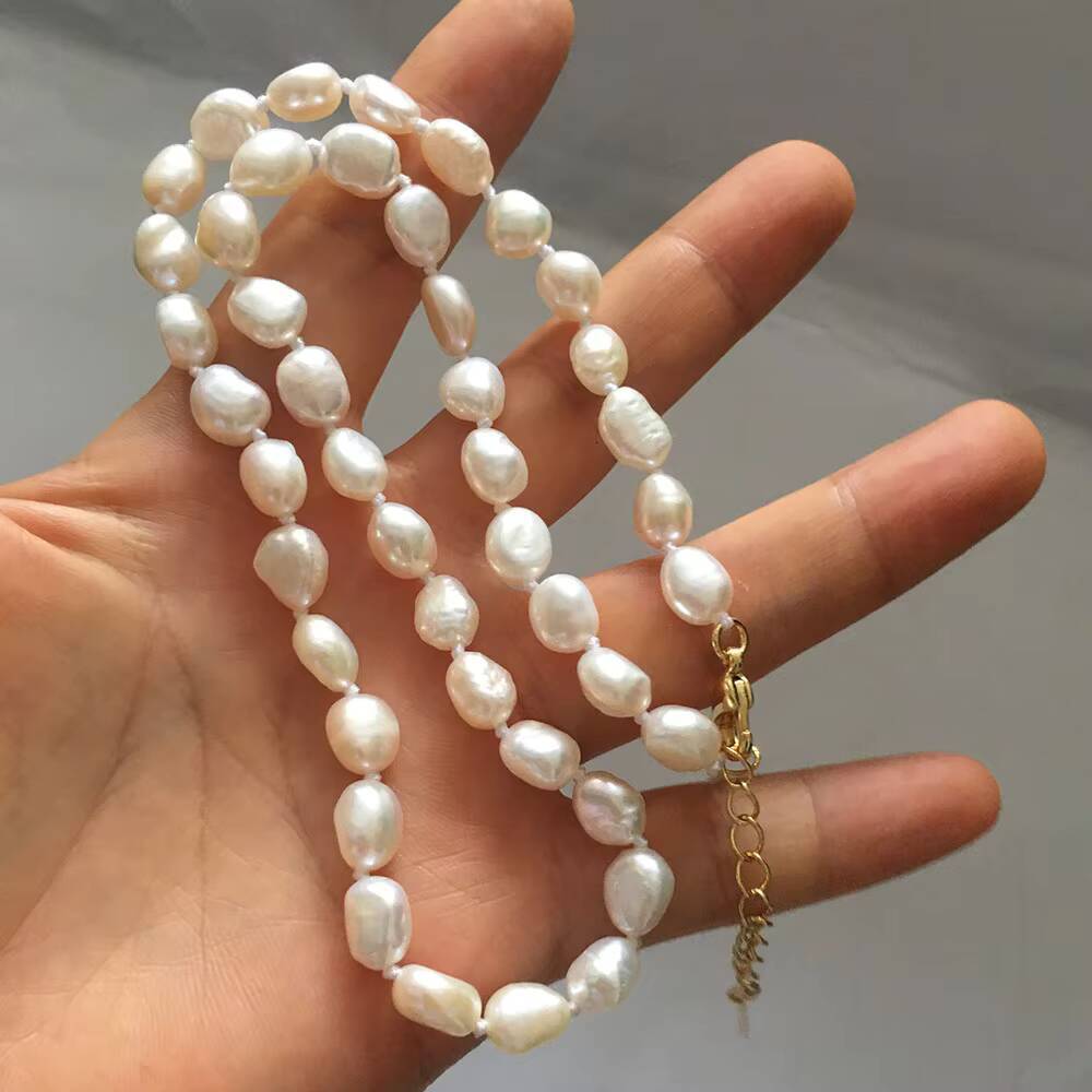 16 Inch+5 CM Choker Necklace 100% Natural Freshwater Pearl 7 MM Baroque Beads Knotted Clasp Stainless Steel 18k GOLD PLATING